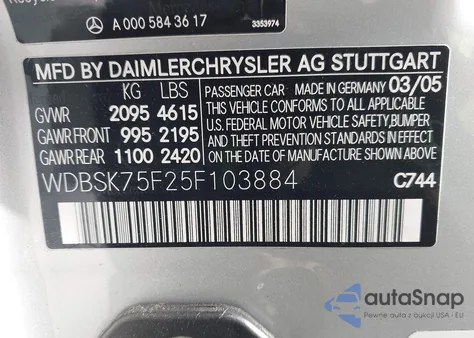 2005 Mercedes-Benz Sl 500 z USA, uszkodzony, nr VIN WDBSK75F25F103884